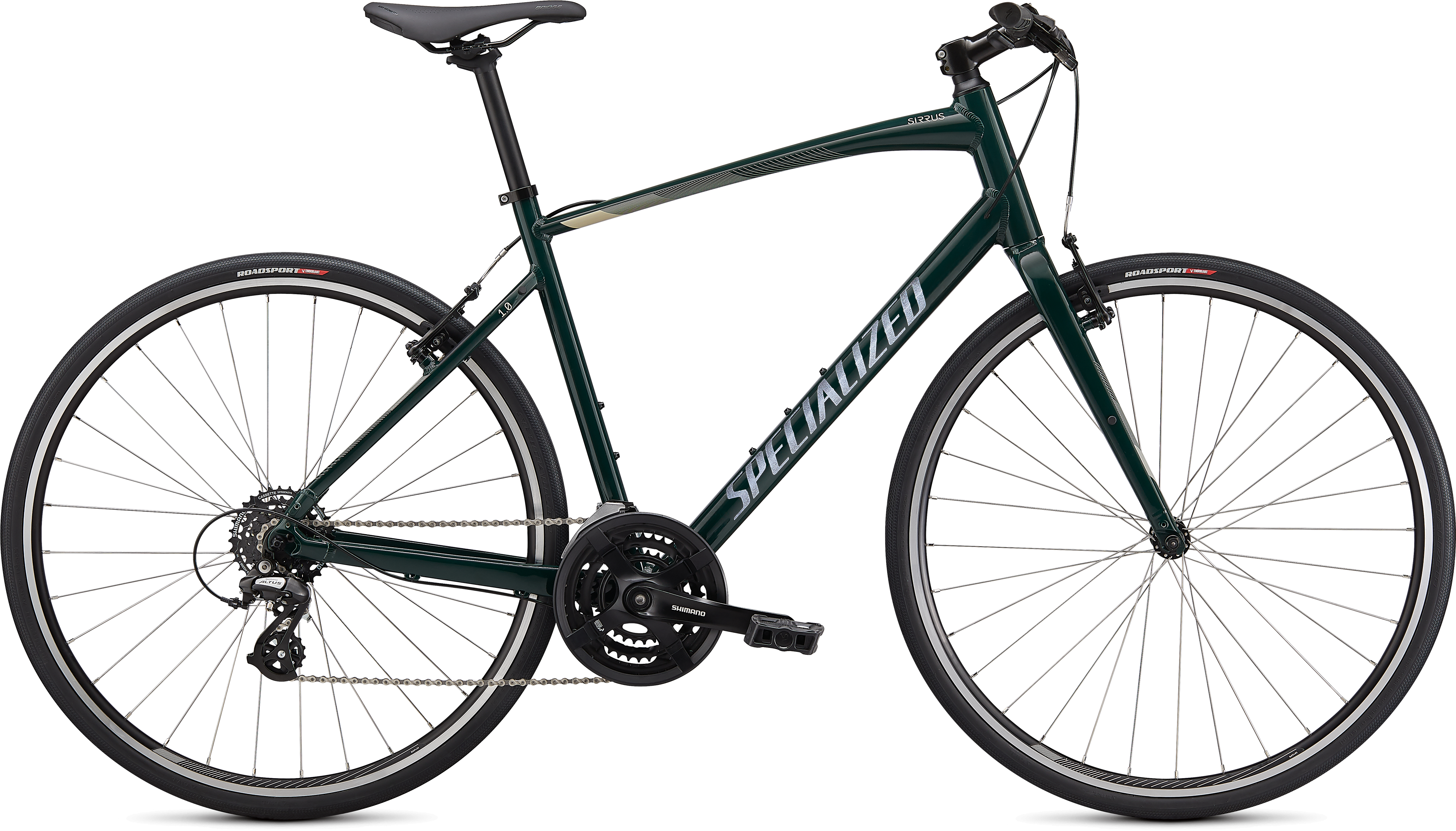 Specialized 2021  Sirrus 1.0 Hybrid Bike S GLOSS FOREST GREEN / WHITE MOUNTAINS / SATIN BLACK REFLECTIVE